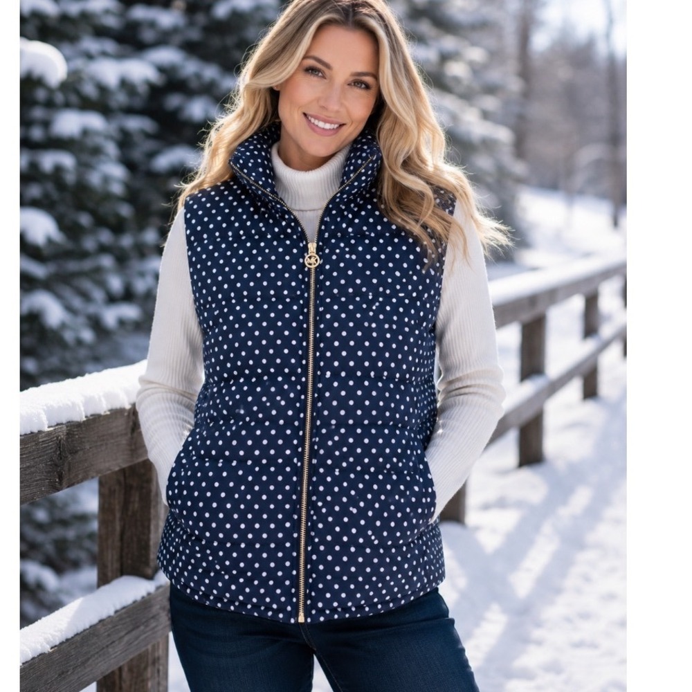 Michael Kors XXL Polka Dot Puffer Vest Navy Blue White Gold MK Logo Zip Women